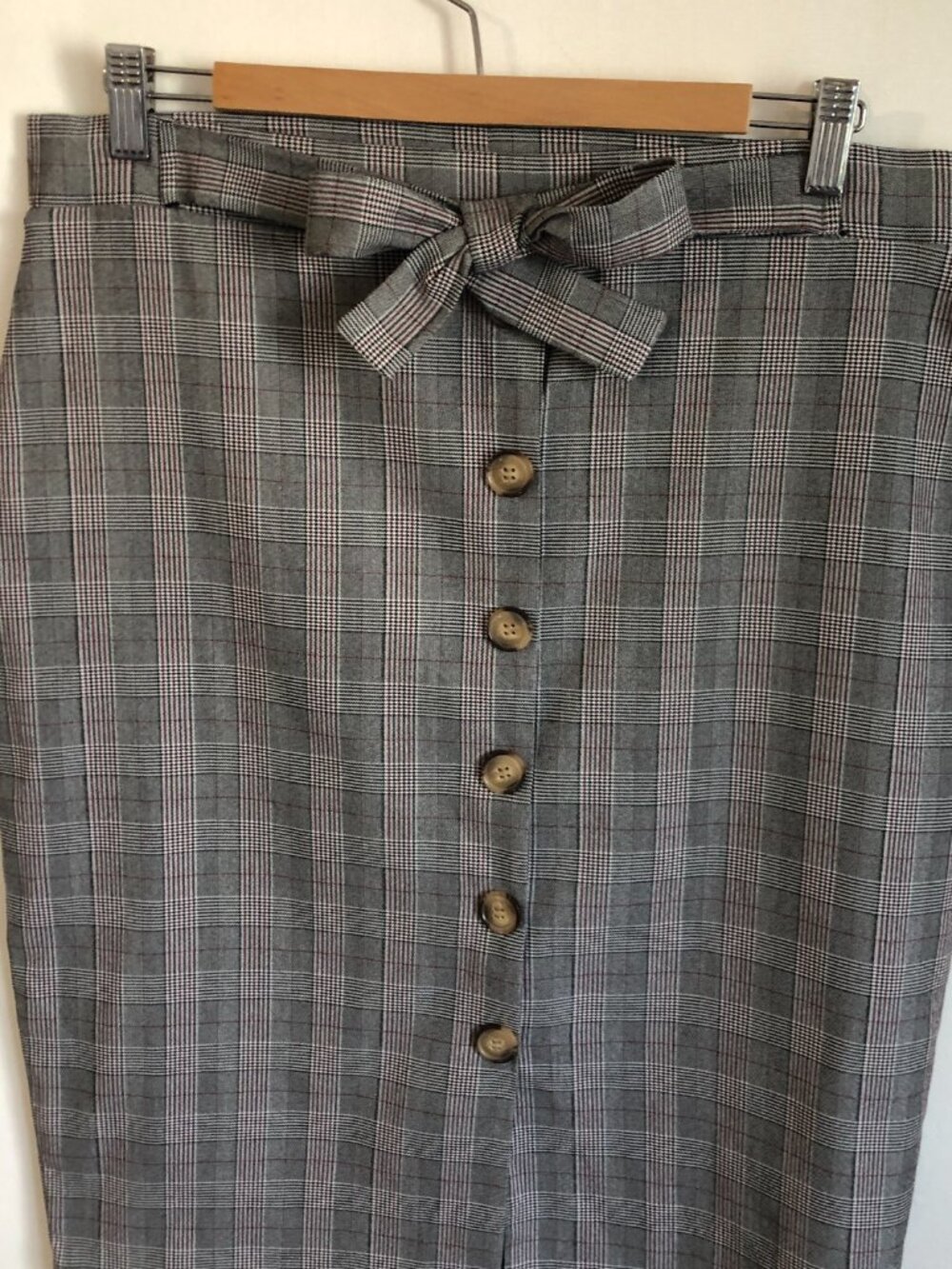 Meg & Margot Grey Plaid Faux Button-Front Skirt Bow Waist Detail Stretch Large